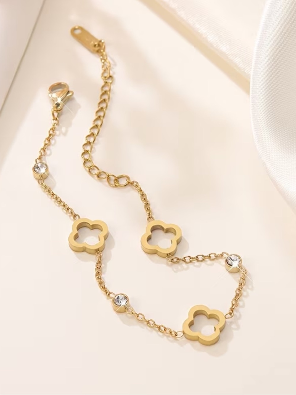 Gold Clover Link Bracelet with CZ Accents